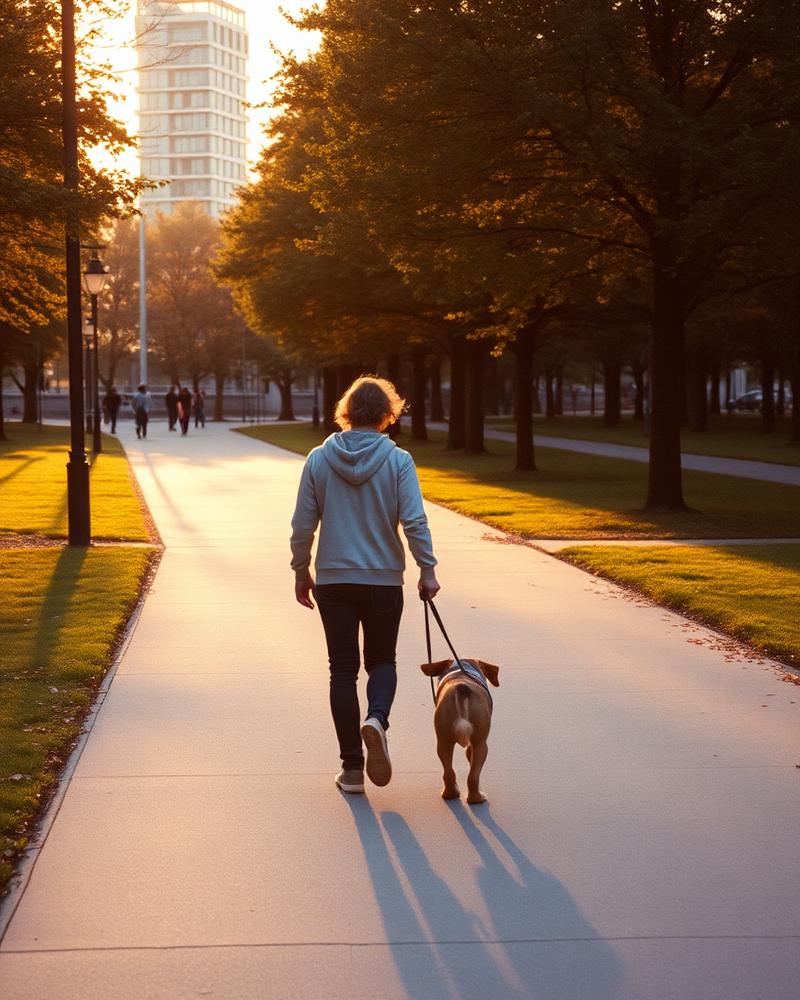 Someone walking their dog on a park path at golden hour.