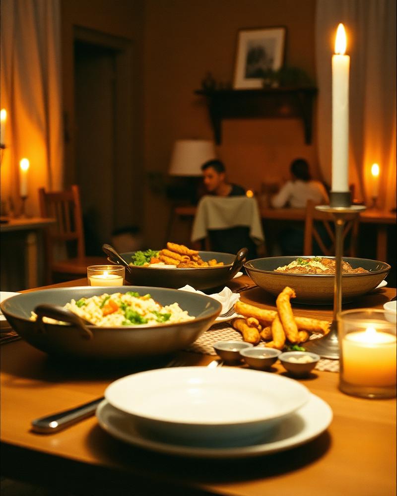 A candlelit dinner table set with bowls of food.