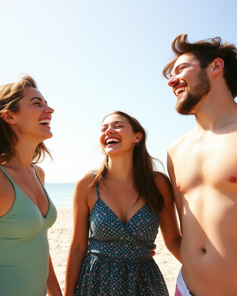 Three friends laughing together on the beach.