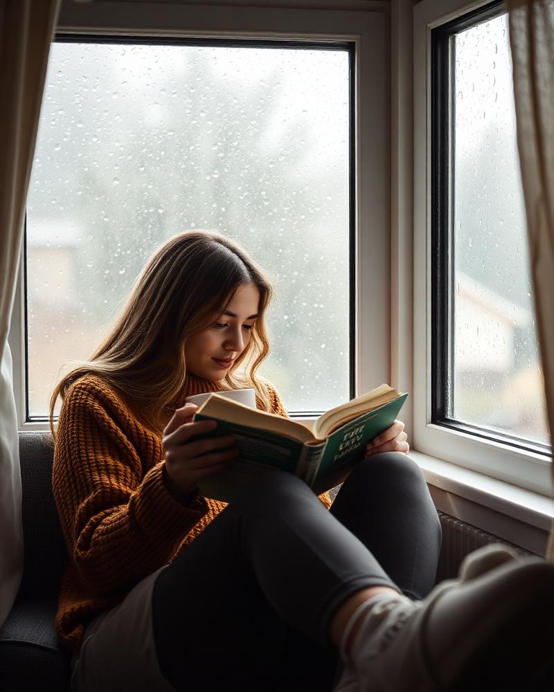 Someone reading a book by a rainy window with a cup of tea.